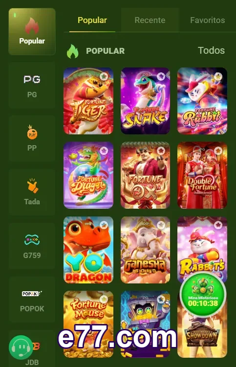 Tela do app e77.com com jogos rápidos no celular